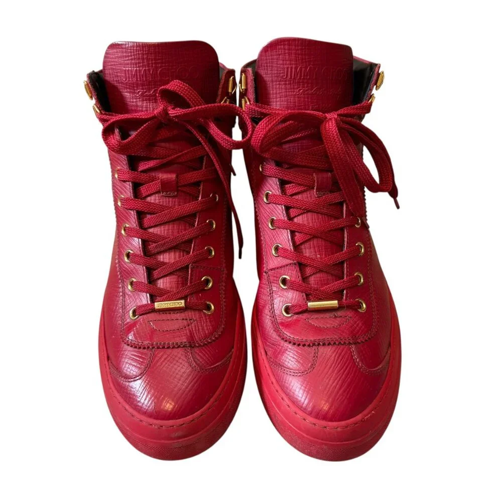 Jimmy Choo $985 Red Argyle Leather High-Top Designer Shoes Men's size 42/US 9